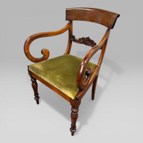 Antique William IV Mahogany Elbow Chair with Green Upholstered Seat