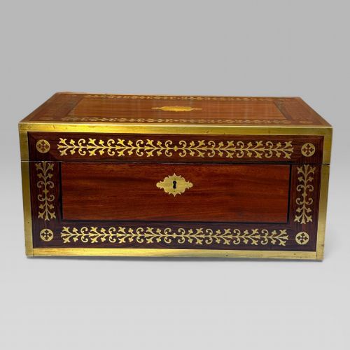ANTIQUE REGENCY MAHOGANY ROSEWOOD BRASS INLAID CAMPAIGN WRITING SLOPE BOX - ADDITIONAL PHOTO 1