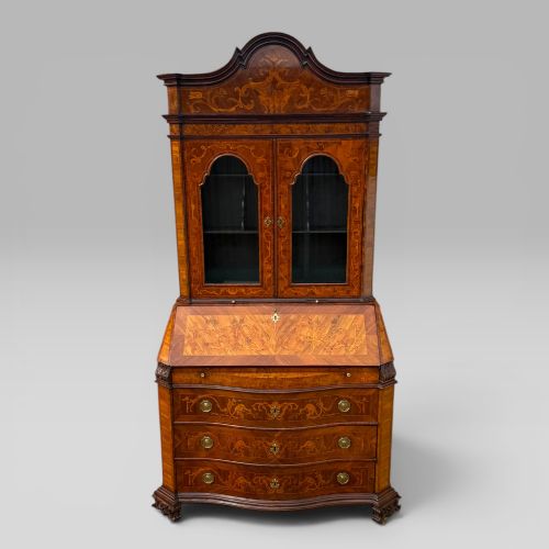 MID18TH CENTURY ITALIAN VENETIAN WALNUT TULIPWOOD MARQUETRY BUREAU BOOKCASE