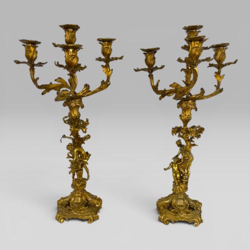 Antique Pair of French Rococo Gilt Bronze Figural Candelabra, Late 19th Century