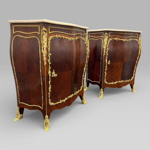 ANTIQUE PAIR OF LATE 19TH CENTURY FRENCH KINGWOOD BOMBE CABINETS BY E KAHN