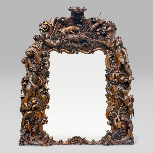 ANTIQUE KING OF BAVARIAS LARGE CARVED OAK HUNTING LODGE OVERMANTLE WALL MIRROR