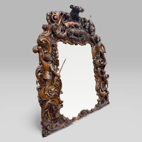 ANTIQUE KING OF BAVARIAS LARGE CARVED OAK HUNTING LODGE OVERMANTLE WALL MIRROR - ADDITIONAL PHOTO 1