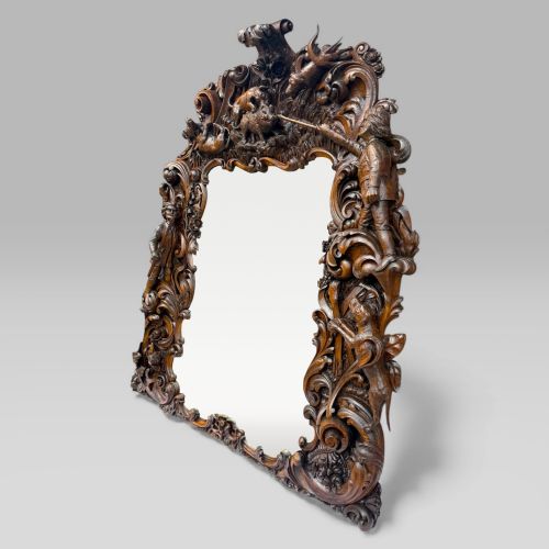 ANTIQUE KING OF BAVARIAS LARGE CARVED OAK HUNTING LODGE OVERMANTLE WALL MIRROR - ADDITIONAL PHOTO 2