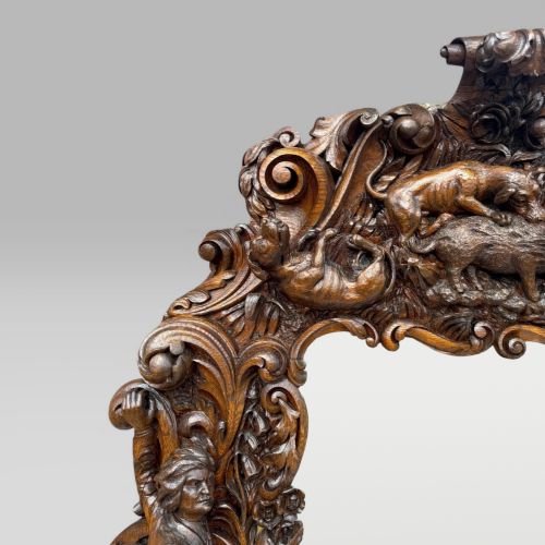 ANTIQUE KING OF BAVARIAS LARGE CARVED OAK HUNTING LODGE OVERMANTLE WALL MIRROR - ADDITIONAL PHOTO 3