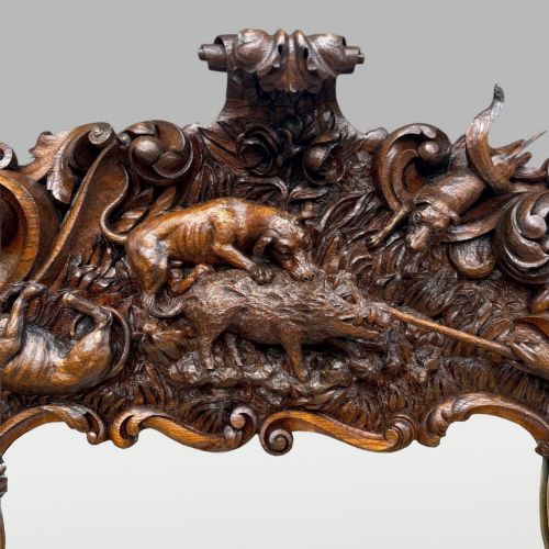 ANTIQUE KING OF BAVARIAS LARGE CARVED OAK HUNTING LODGE OVERMANTLE WALL MIRROR - ADDITIONAL PHOTO 4