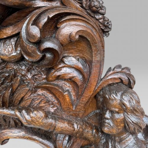 ANTIQUE KING OF BAVARIAS LARGE CARVED OAK HUNTING LODGE OVERMANTLE WALL MIRROR - ADDITIONAL PHOTO 11