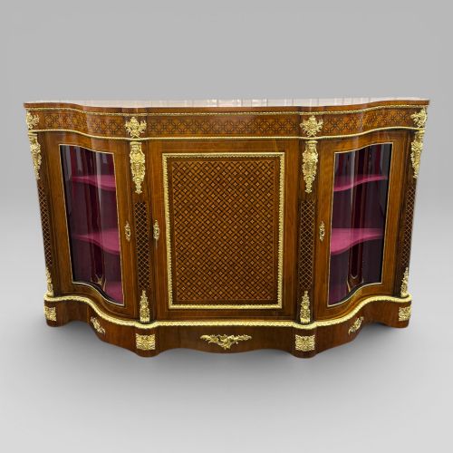 ANTIQUE VICTORIAN WALNUT SERPENTINE CREDENZA WITH ORMOLU MOUNTS MARQUETRY