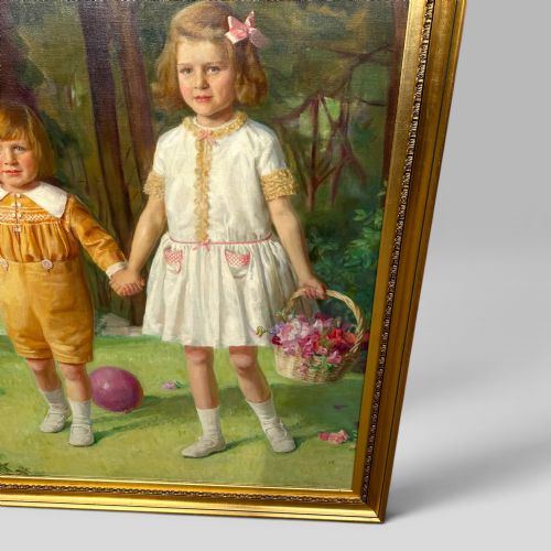fig 5. A full-length 1920s oil painting depicting two young children in a landscape setting, housed within a gilded wooden frame.