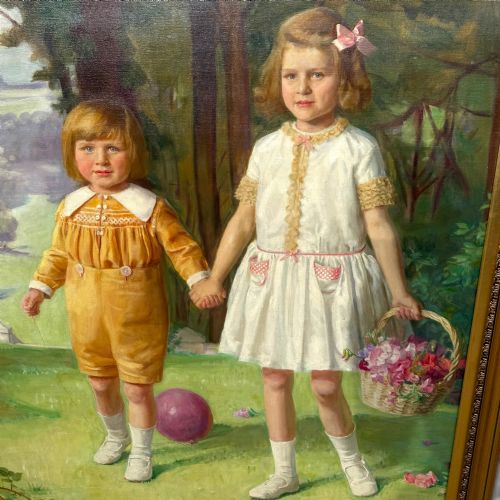 fig 6. A full-length 1920s oil painting depicting two young children in a landscape setting, housed within a gilded wooden frame.