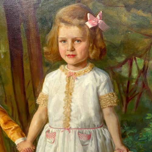 fig 7. A full-length 1920s oil painting depicting two young children in a landscape setting, housed within a gilded wooden frame.