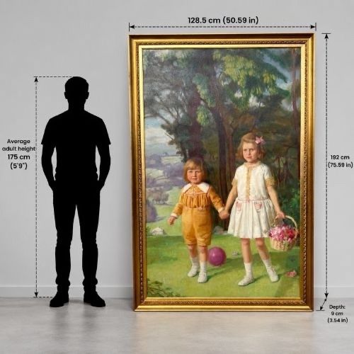 fig 1. A full-length 1920s oil painting depicting two young children in a landscape setting, housed within a gilded wooden frame.
