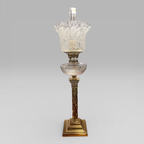 Antique Victorian Duplex Etched Glass Tulip Shade Oil Lamp with Brass Column