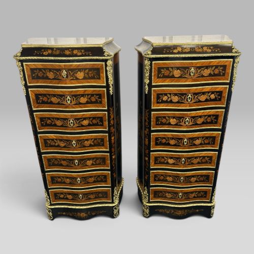 Pair of Napoleon III Serpentine Kingwood, Tulipwood & Marquetry Secretaire Chest