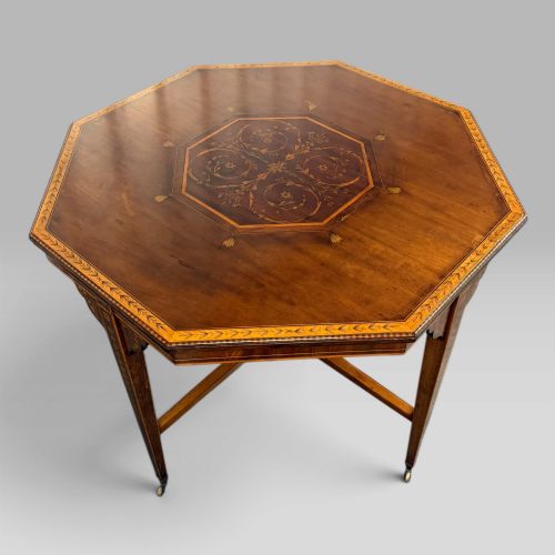 Antique Edwardian Mahogany & Satinwood Marquetry Octagonal Centre Table