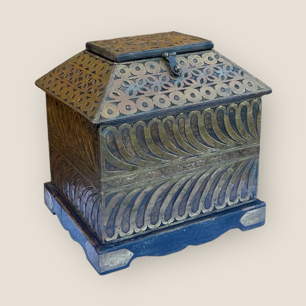 Antique Brass & Wooden Box with a hinged wooden top