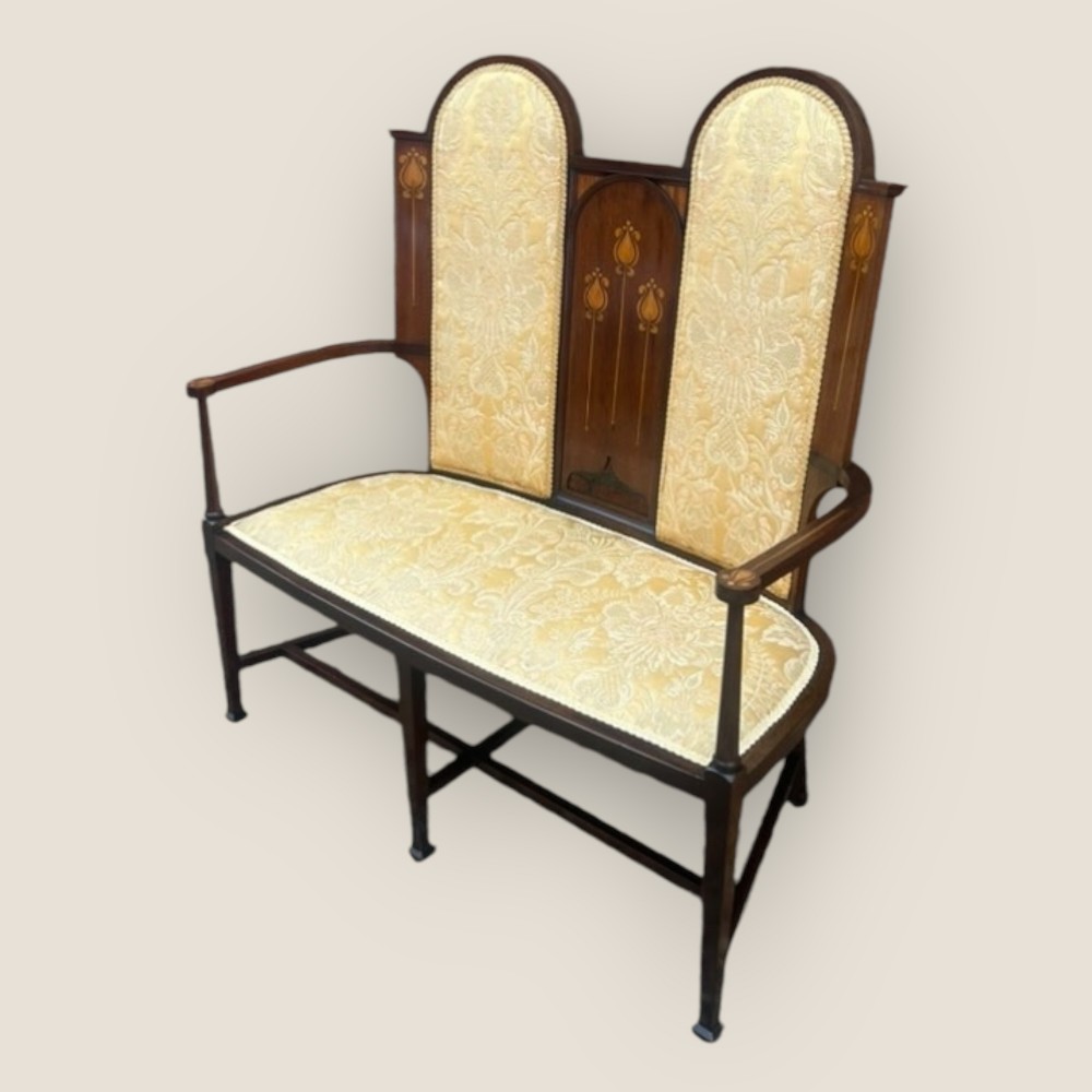Antique Edwardian Mahogany Satinwood Inlaid Art Nouveau Two Seater Settee Chair