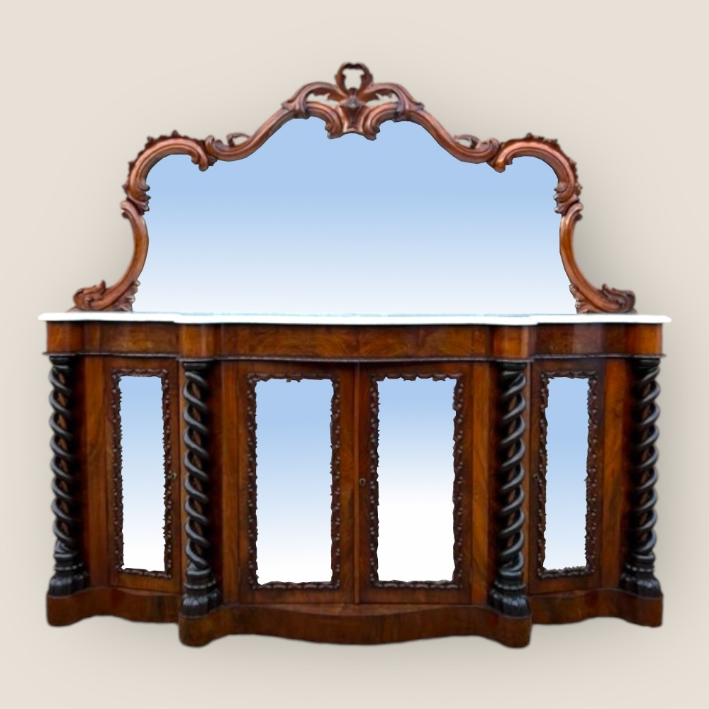 Victorian Walnut Mirror Backed Serpentine Credenza