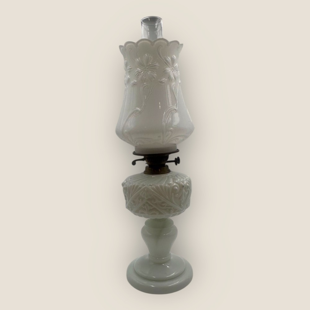 Antique White Brass And Glass Oil Lamp