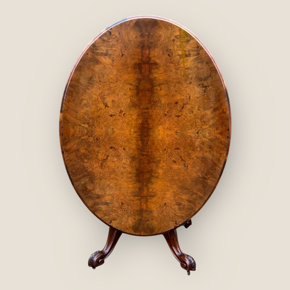 Antique Victorian Quarter Veneered Burr Walnut Loo Centre Table with Carved Base