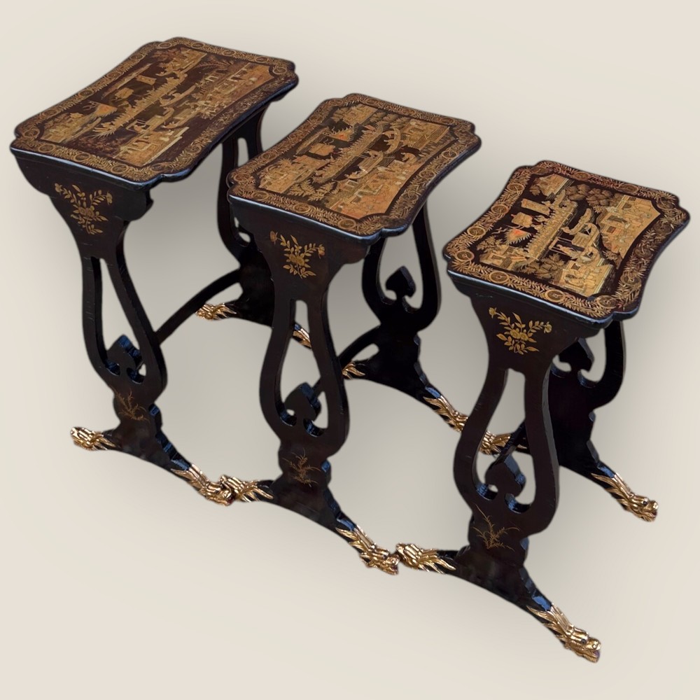 Antique Chinese Export Gilt Decorated & Black Lacquered Nest of 3 Tables