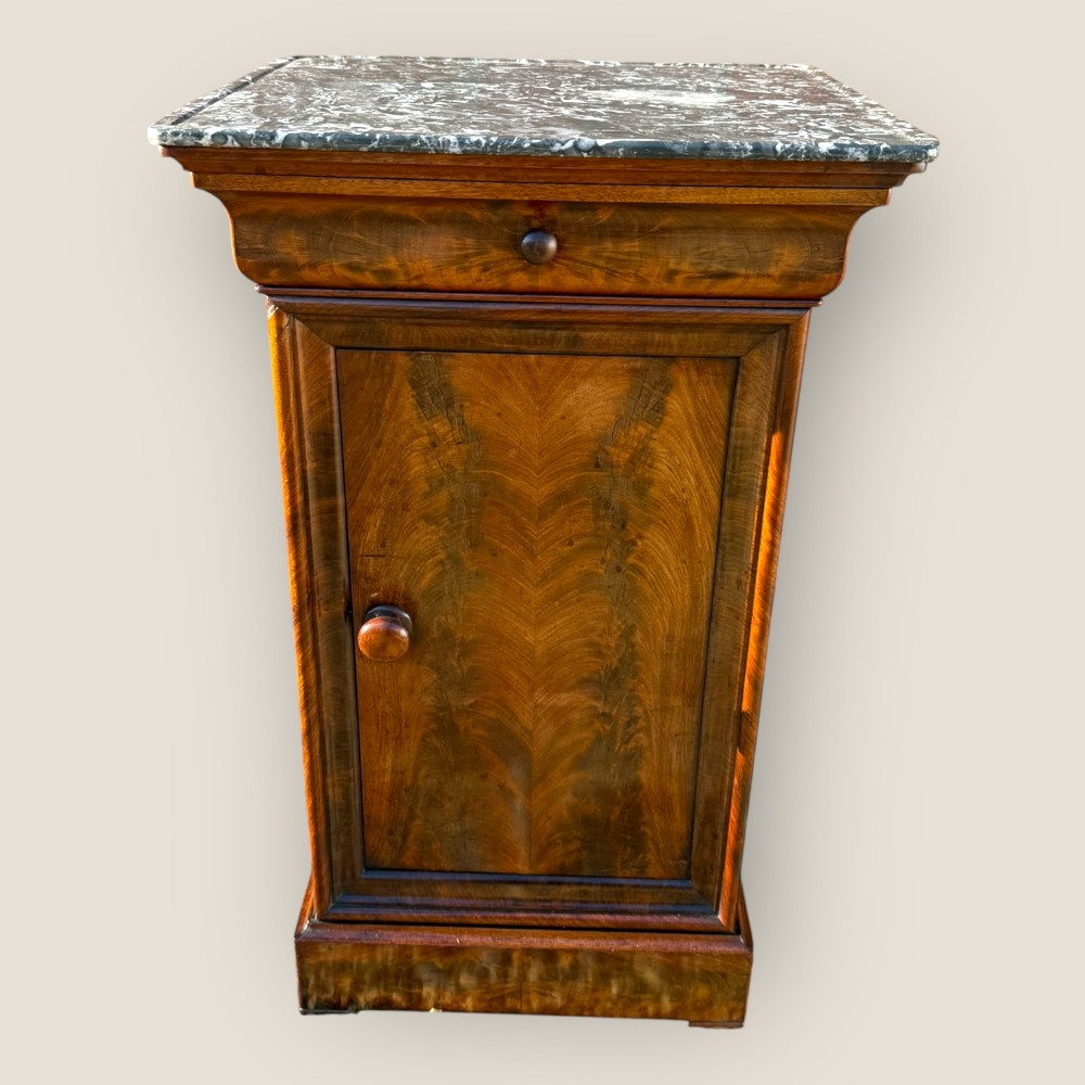 Antique French Louis Philippe Style Mahogany & Marble Bedside Cabinet & Cupboard