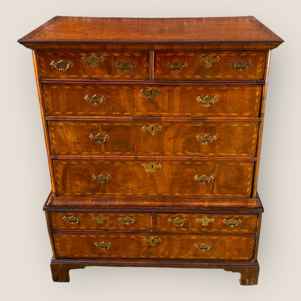 
Antique Queen Anne Walnut Inlay Brass Handles Chest of 8 Drawers Storage Cabinet