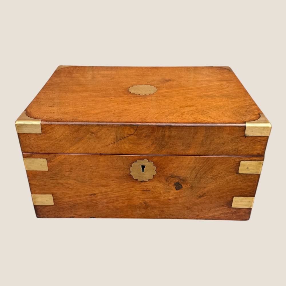 Antique Victorian Walnut & Brass Campaign Writing Slope Box - Leather Interior