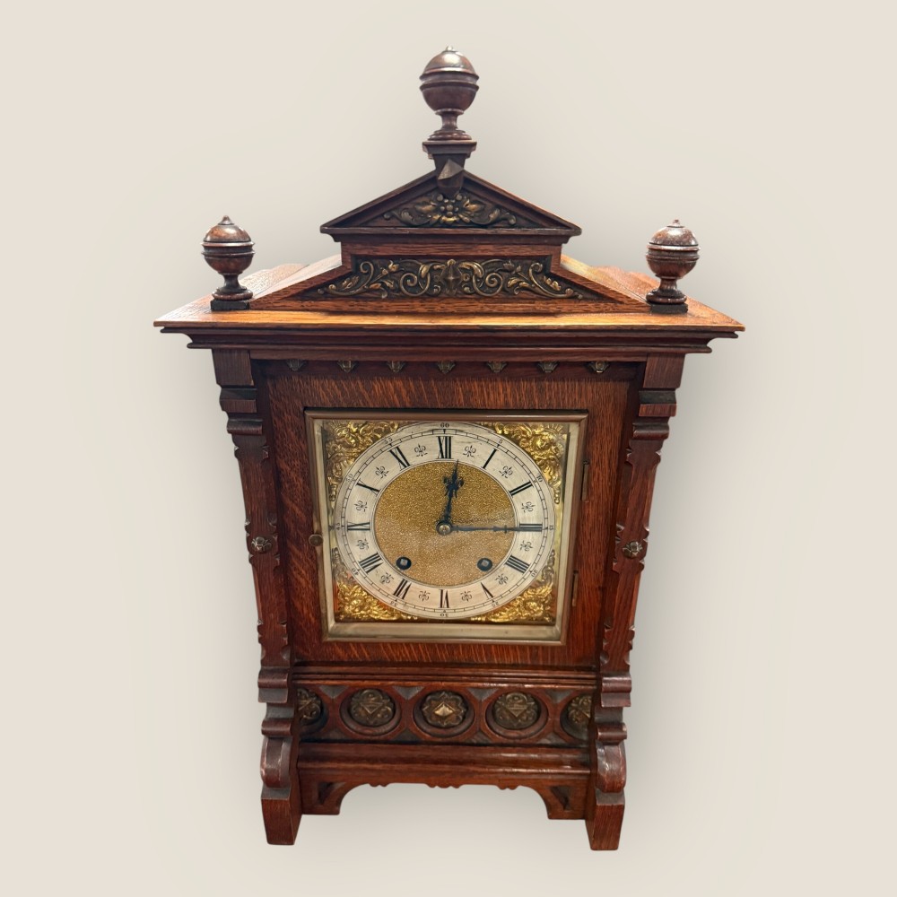 Antique Carved Mantel Oak Mantle Clock With Brass Dial