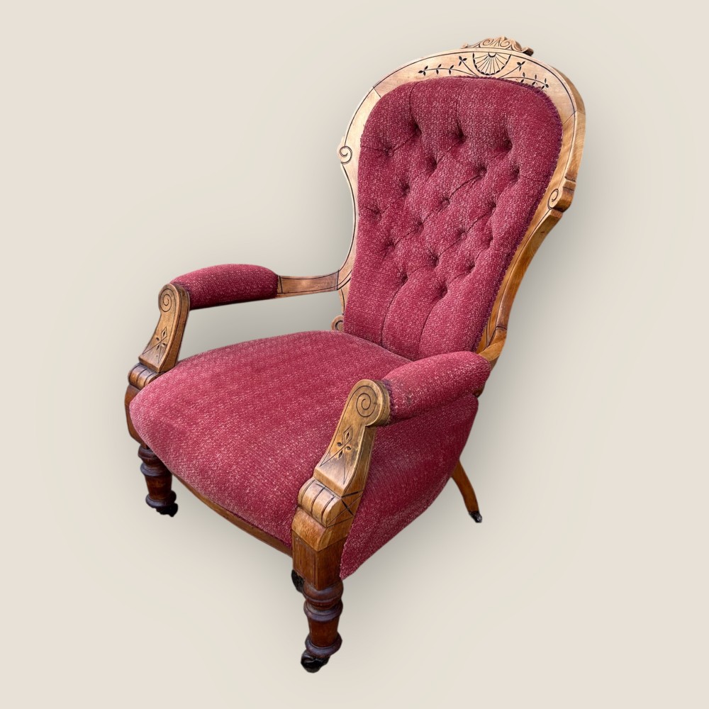 Antique Victorian Satin Burch Red Button Back Armchair with Turned Legs