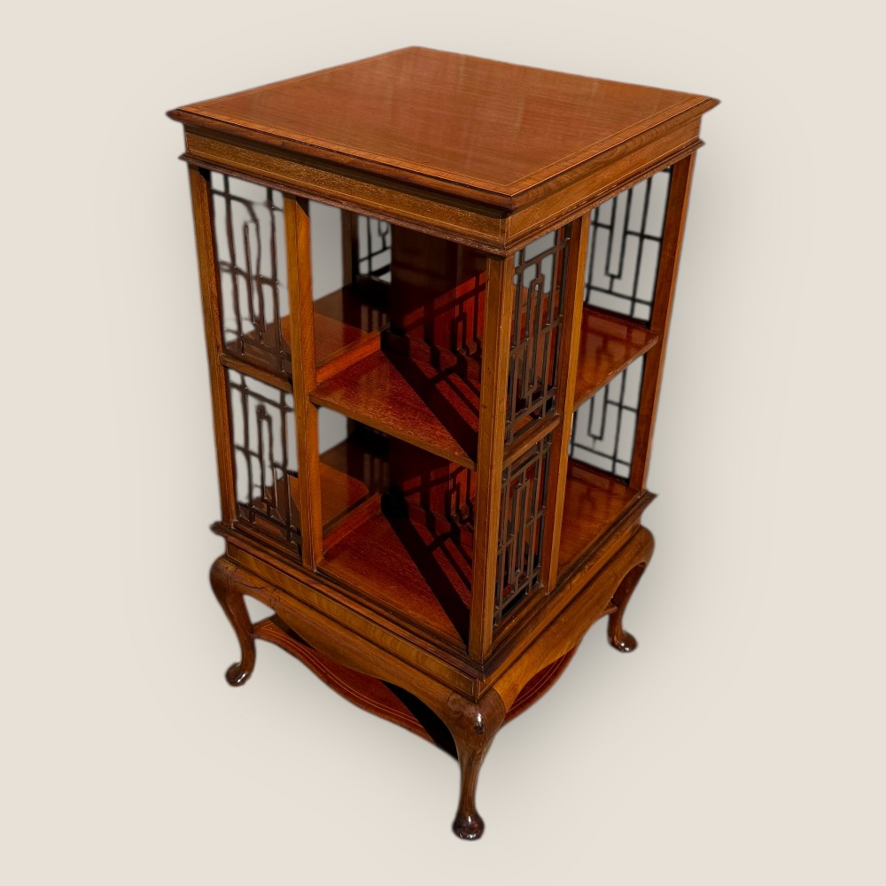 Antique Edwardian Mahogany and Inlaid Revolving Bookcase
