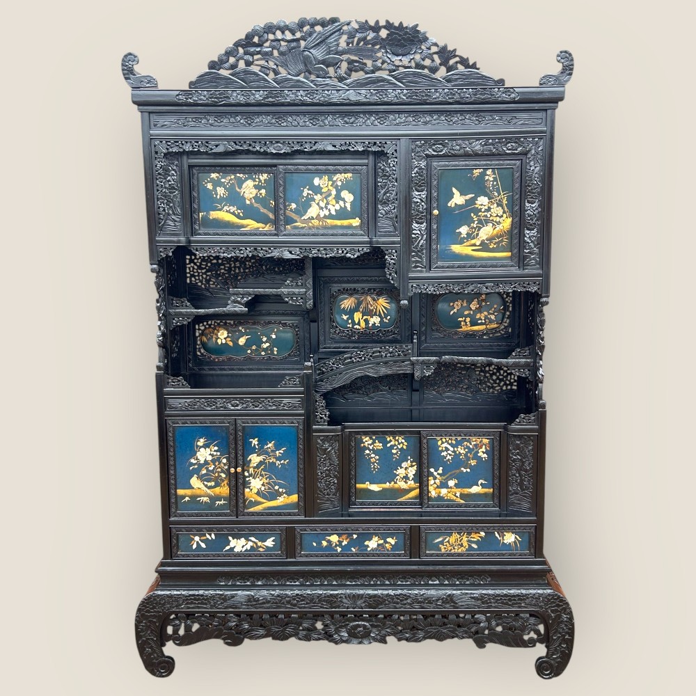 Antique Japanese Meiji Floral Carved Shodana Lacquered Panel Display Cabinet
