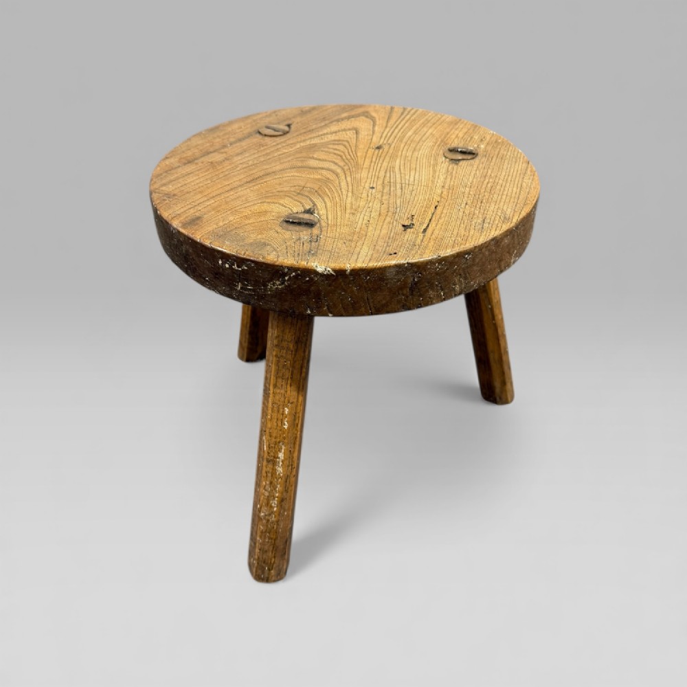 Antique Elm Farmhouse Country Three-Legged Milk Stool