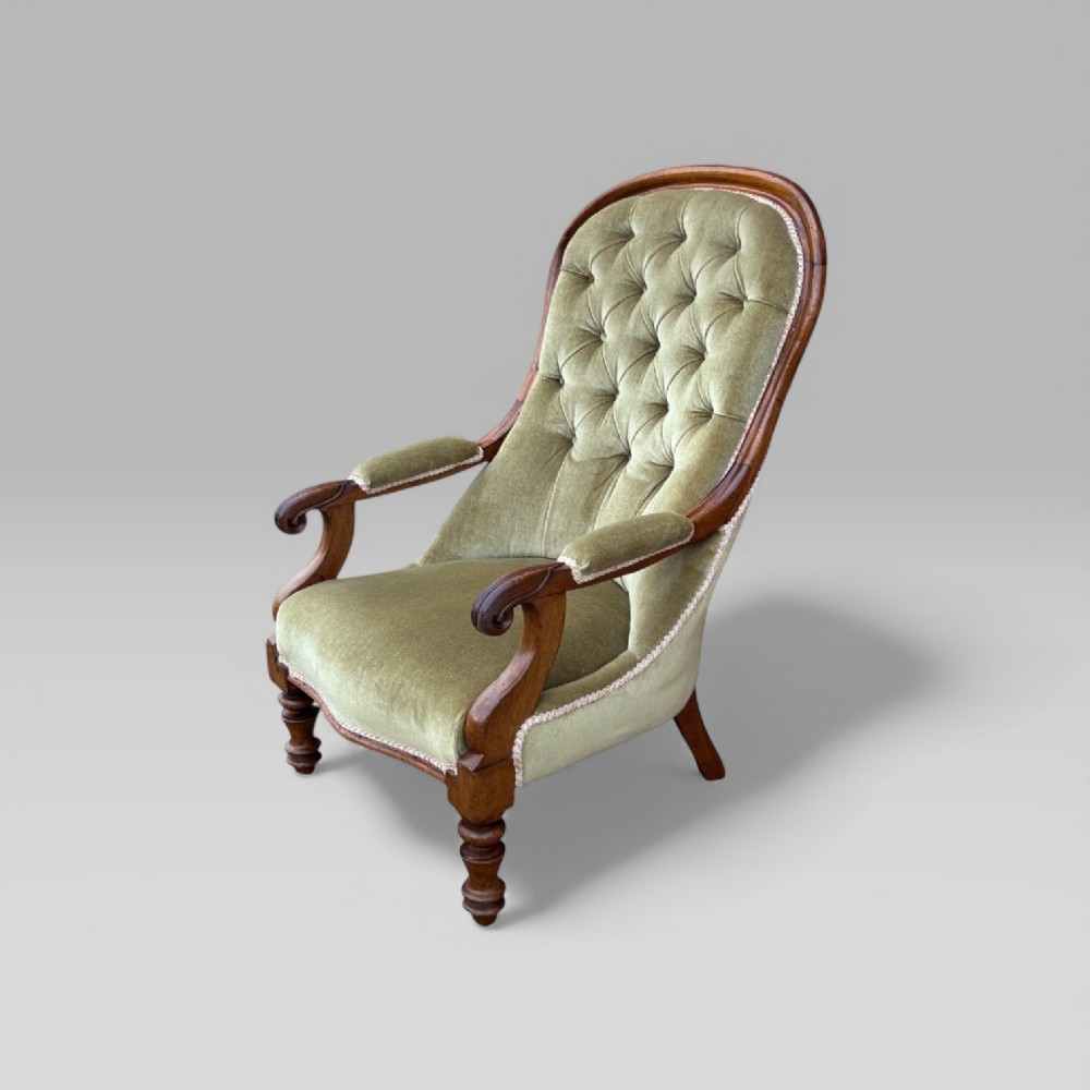 Antique Victorian Green Button Back Mahogany Armchair With Turned Legs