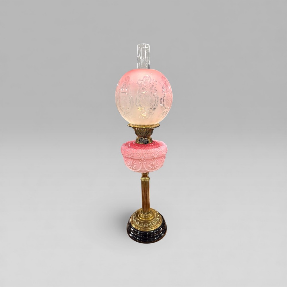 Antique Victorian Cranberry Etched Glass Oil Lamp With Brass Column