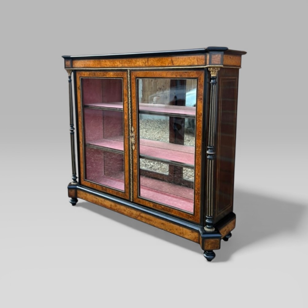 Victorian Aesthetic Movement Amboyna & Ebonised Glass Double Door Pier Cabinet