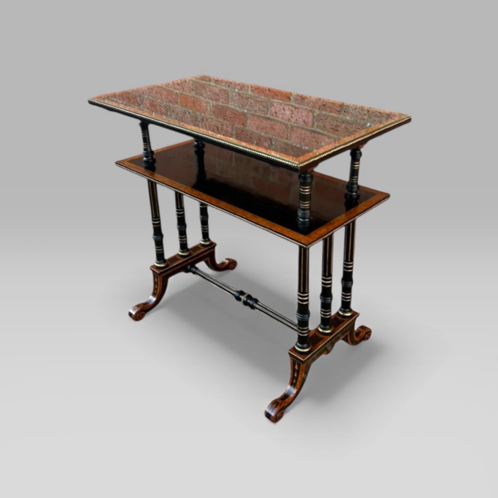 Victorian Aesthetic Movement Amboyna Ebonised & Brass Dumbwaiter Two Tier Table