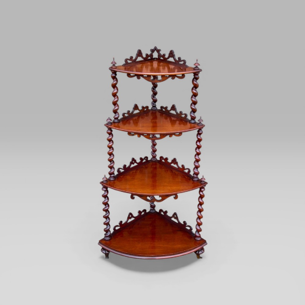 ANTIQUE VICTORIAN MAHOGANY FOUR TIER CARVED & TURNED WHATNOT SHELVES