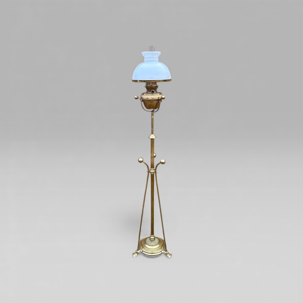 Antique Floor Standing Brass Pole Oil Lamp with White Glass Shade & Tripod Base