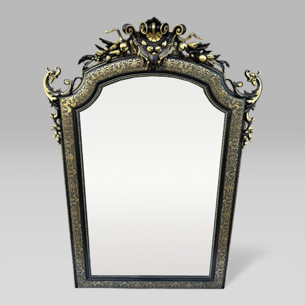 Antique Large French Napoleon III Ebonised & Gilt Carved Overmantle Wall Mirror