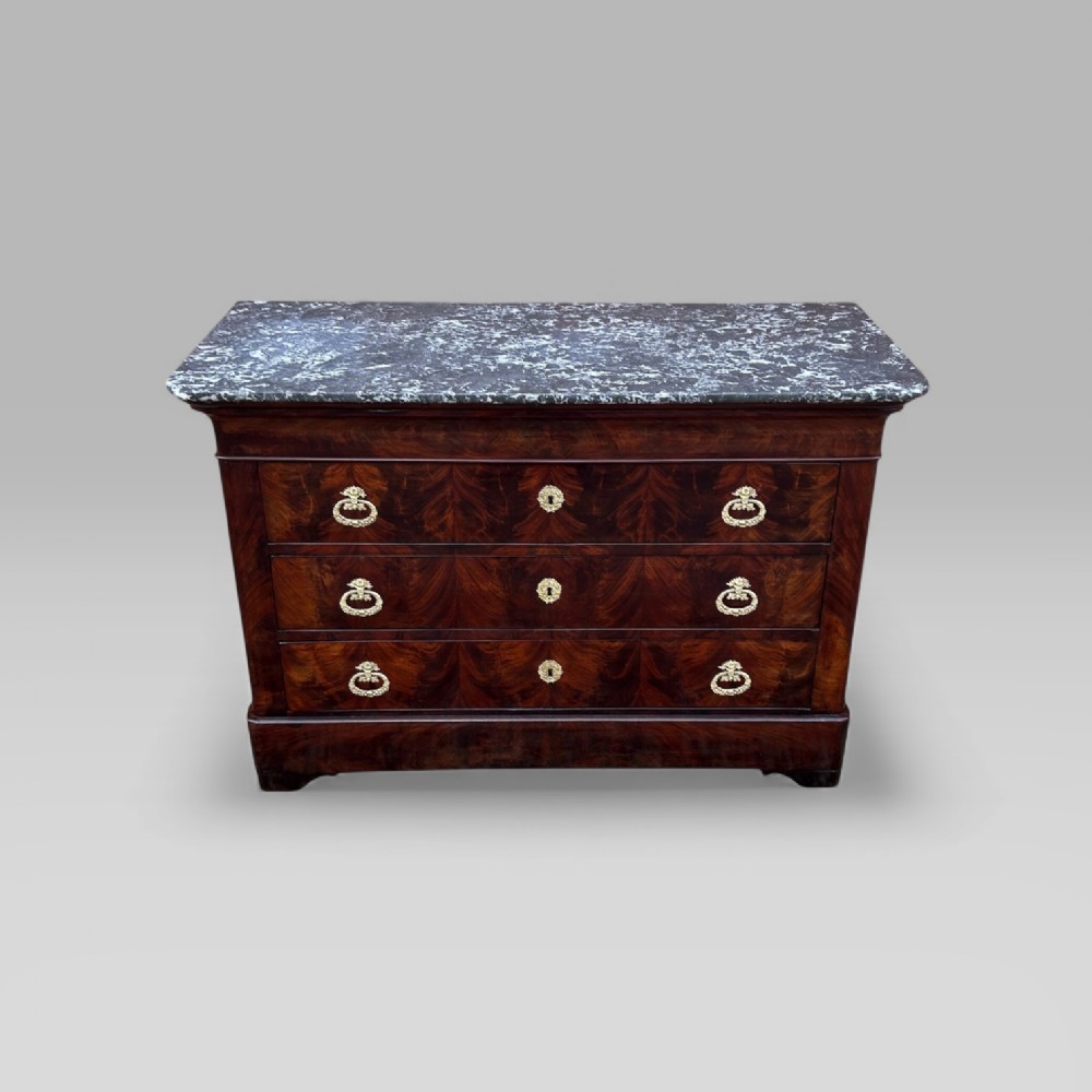 Antique 19th Century French Flame Mahogany & Brass Handled Marble Topped Commode