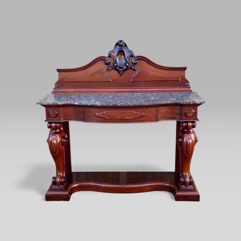 Antique Victorian Mahogany & Marble Topped Carved Console Wall Table with Drawer