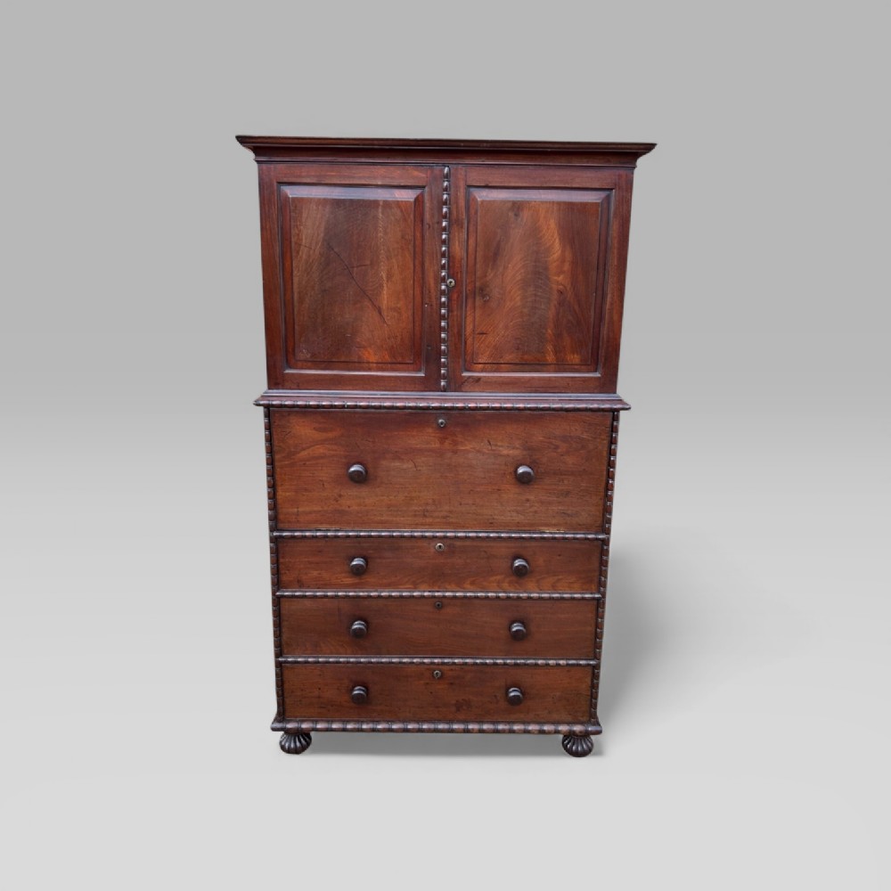 Antique 19th Century Padouk Anglo-Indian Campaign Secretaire Chest & Cupboard
