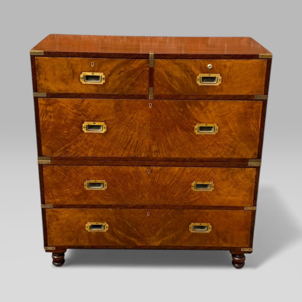 Antique Victorian Figured Walnut & Brass Campaign Chest of 5 Drawers