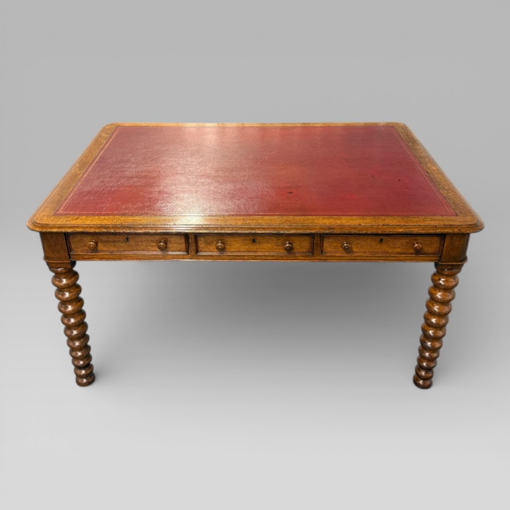 Antique Victorian Golden Oak Library Table / Partners Desk with Leather Top