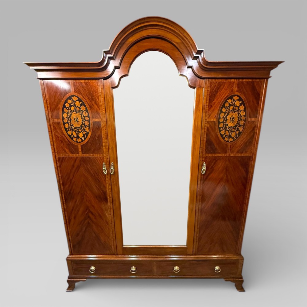 Antique Edwardian Mahogany Three-Door Marquetry Inlaid Wardrobe with Mirror