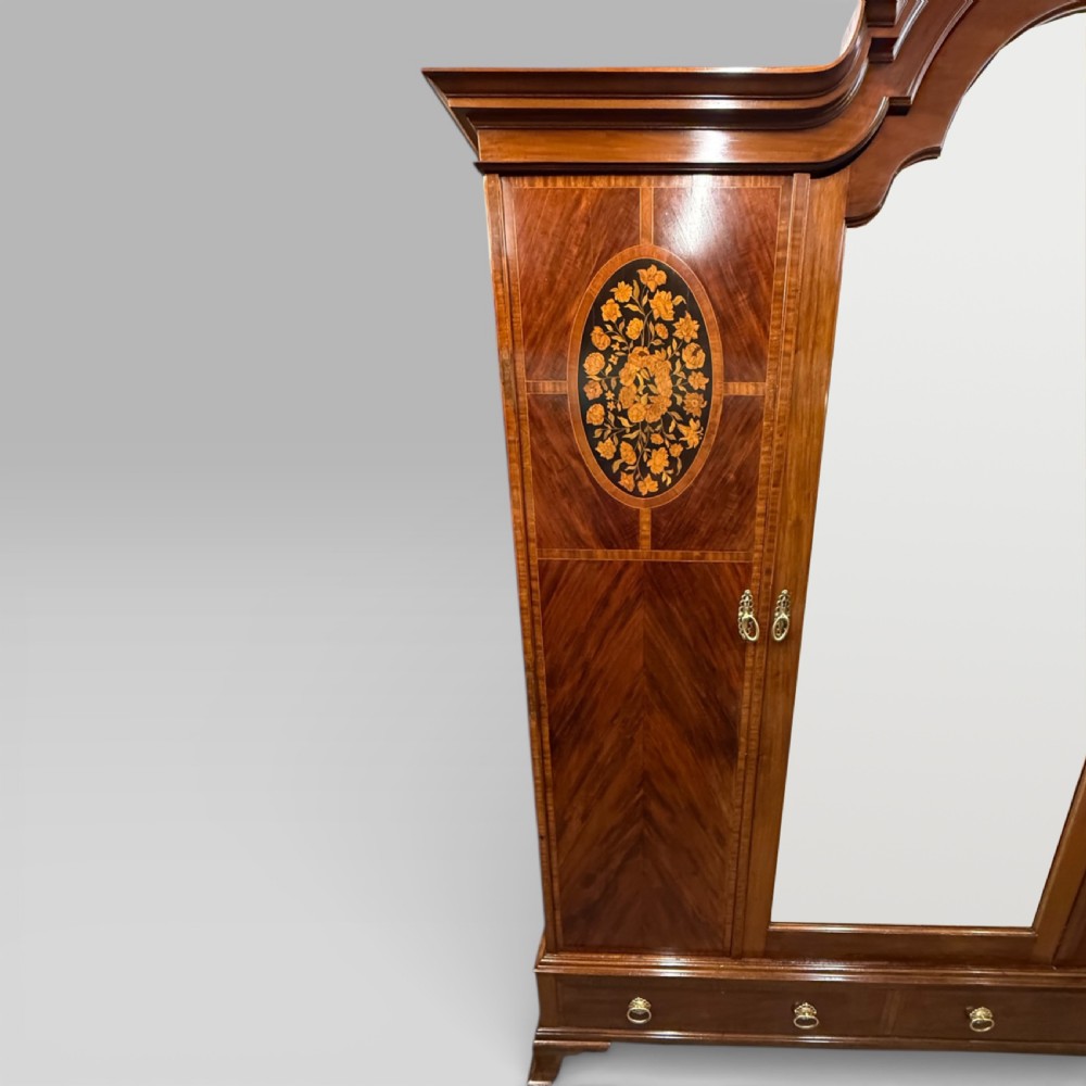 Antique Edwardian Mahogany Three-Door Marquetry Inlaid Wardrobe with Mirror View II