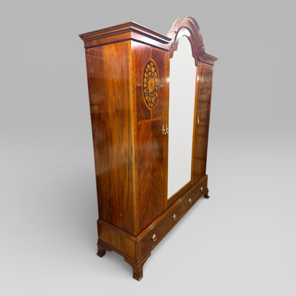 Antique Edwardian Mahogany Three-Door Marquetry Inlaid Wardrobe with Mirror View III