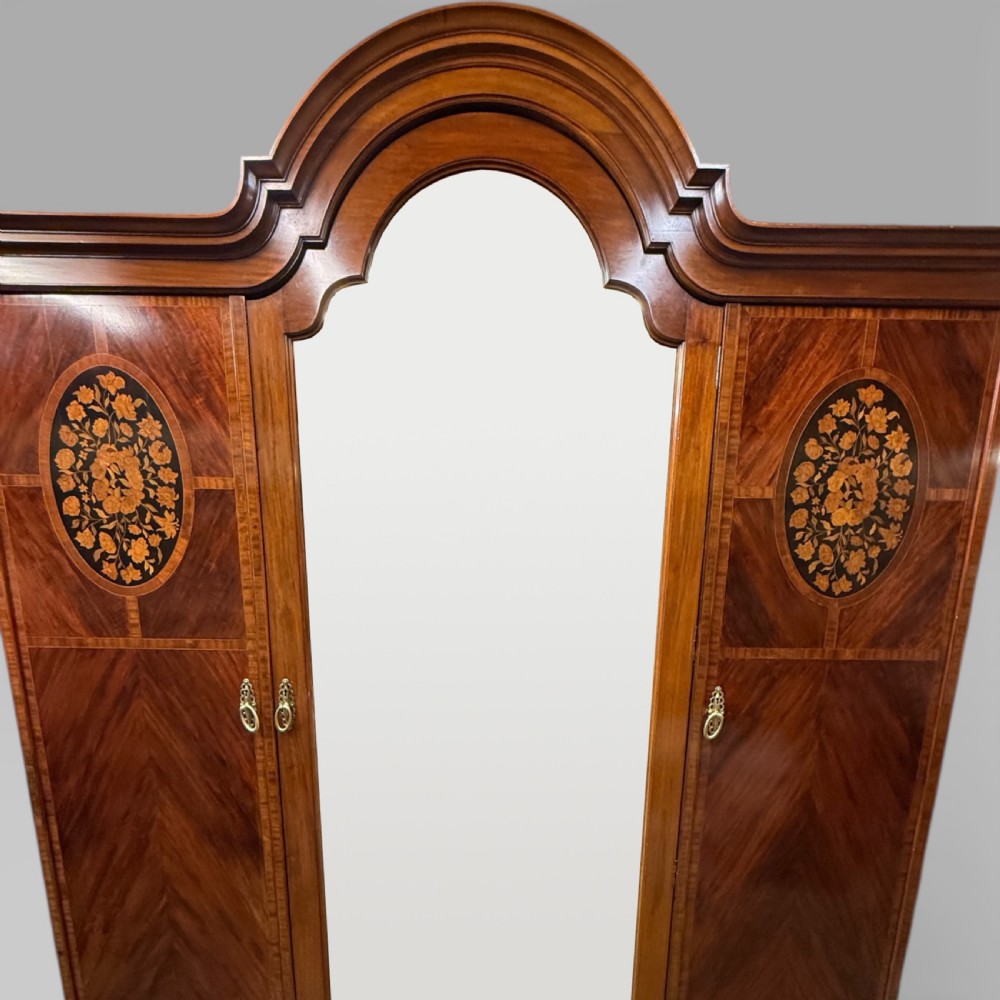 Antique Edwardian Mahogany Three-Door Marquetry Inlaid Wardrobe with Mirror View VI