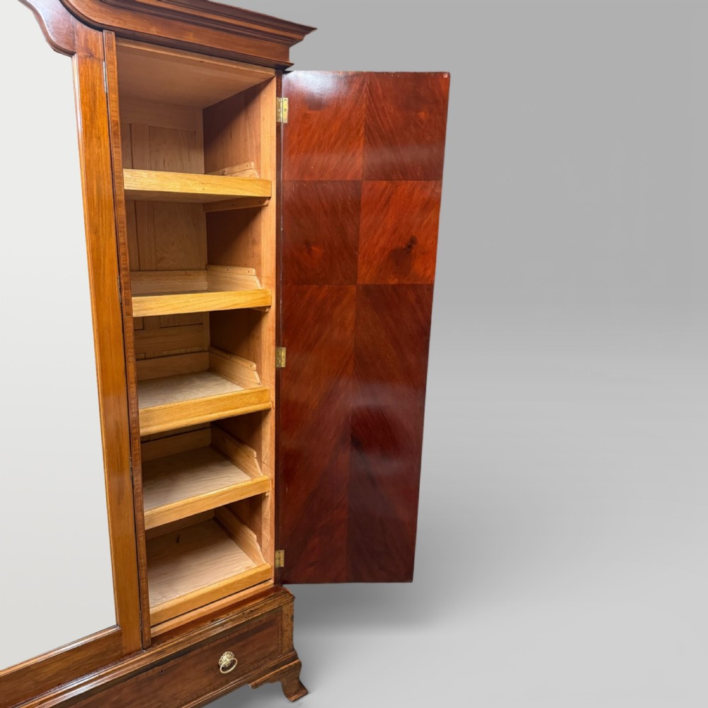 Antique Edwardian Mahogany Three-Door Marquetry Inlaid Wardrobe with Mirror View XI